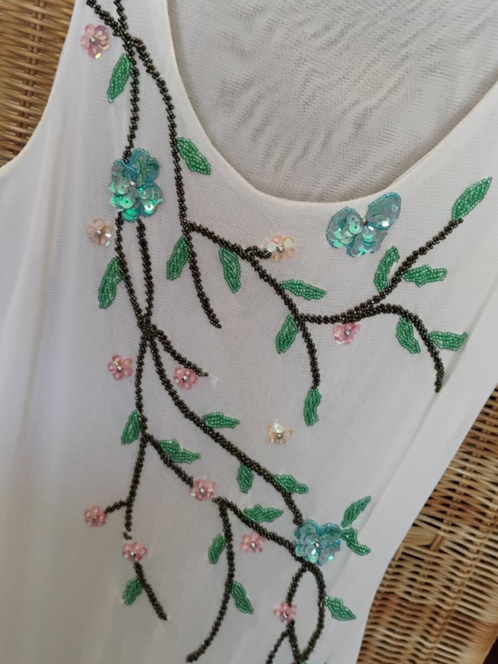 Shear sheath dress w beaded vines/flowers. Small. Bodycon dress. Paris purchase